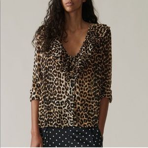 Ganni Animal Print Ruffle Fairfax Georgette Blouse